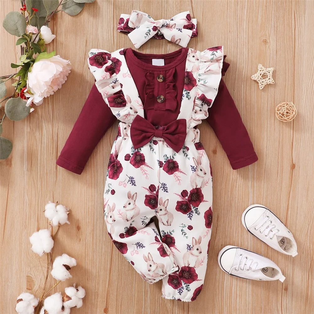 2 Pcs Red Long Sleeves Bodysuit And Floral Printed Pant Set-MamaToddler-White & Red-0-3 Months-Mama Toddler