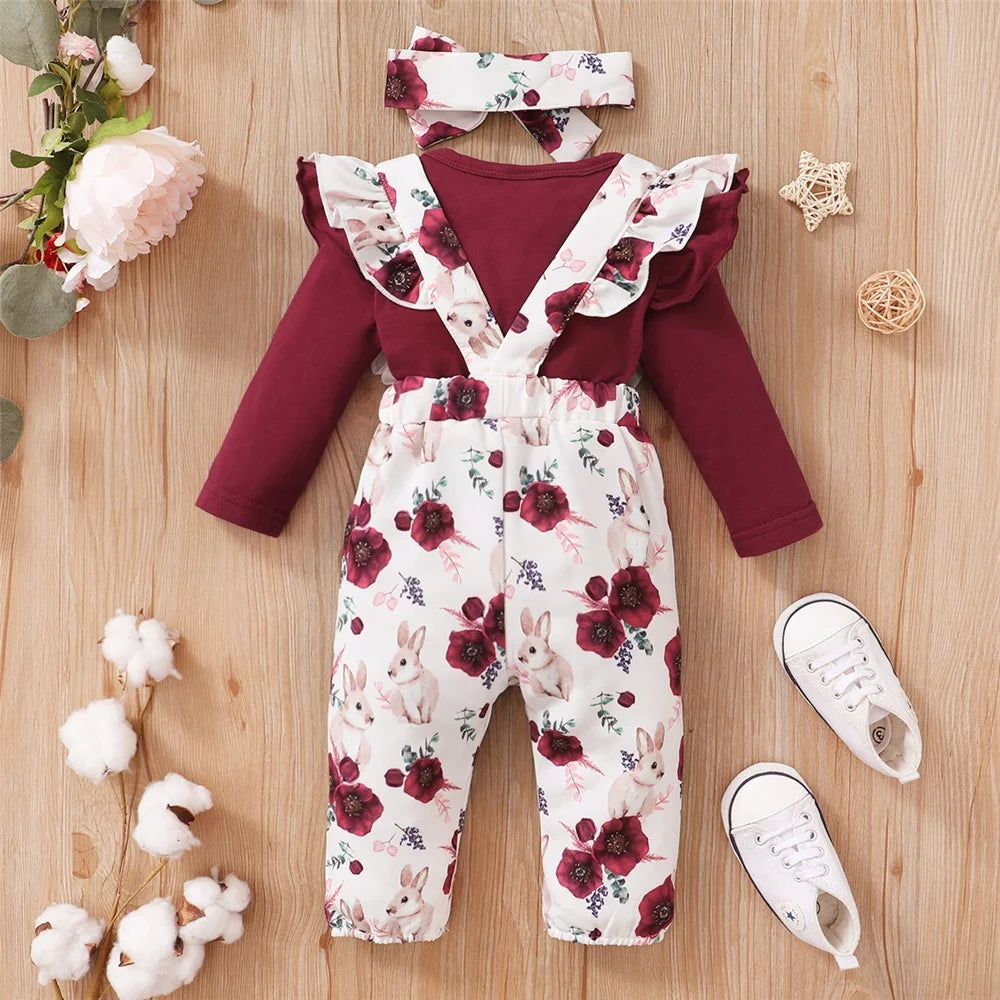 2 Pcs Red Long Sleeves Bodysuit And Floral Printed Pant Set-MamaToddler-White & Red-0-3 Months-Mama Toddler