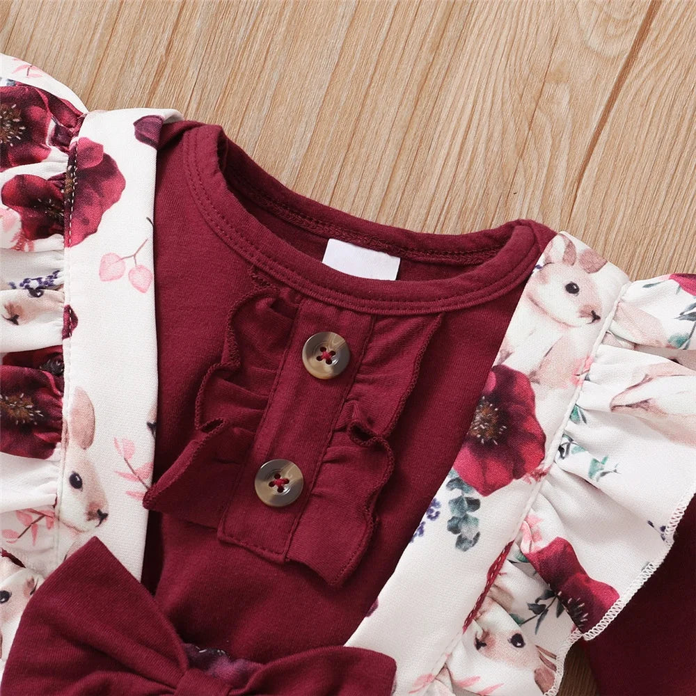 2 Pcs Red Long Sleeves Bodysuit And Floral Printed Pant Set-MamaToddler-White & Red-0-3 Months-Mama Toddler