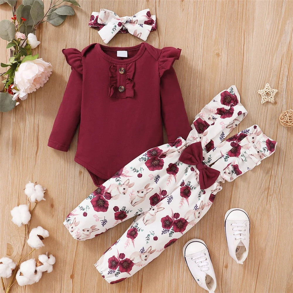 2 Pcs Red Long Sleeves Bodysuit And Floral Printed Pant Set-MamaToddler-White & Red-0-3 Months-Mama Toddler