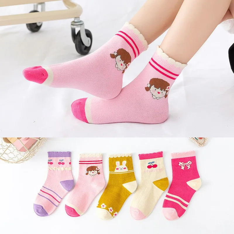 5 Pairs Pink And White Soft Warm Cotton Socks-MamaToddler-Cute Cartoon-1-2 Years-Mama Toddler