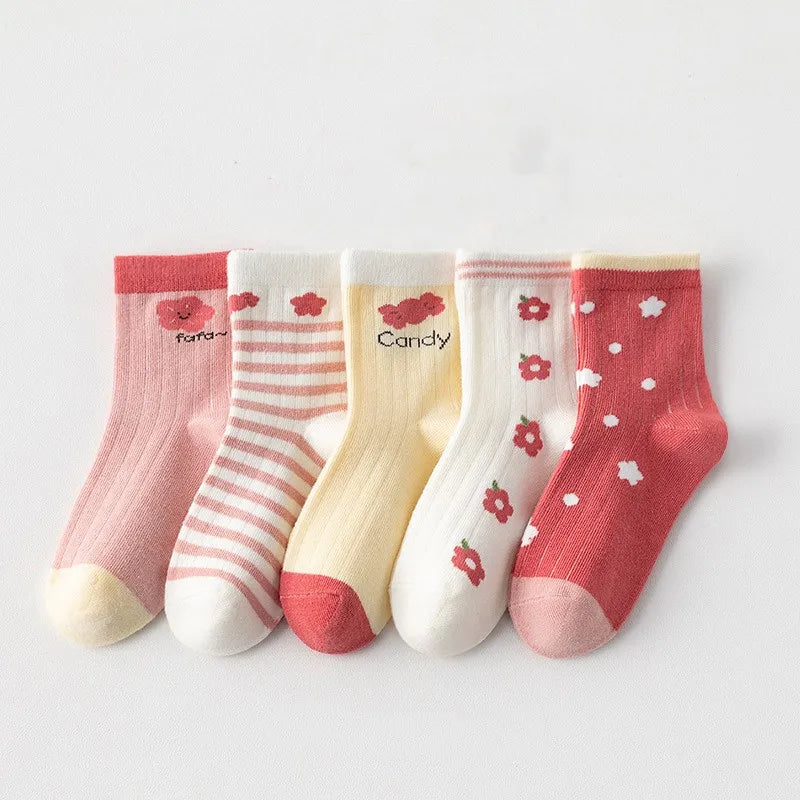 5 Pairs Pink And White Soft Warm Cotton Socks-MamaToddler-Floral-1-2 Years-Mama Toddler