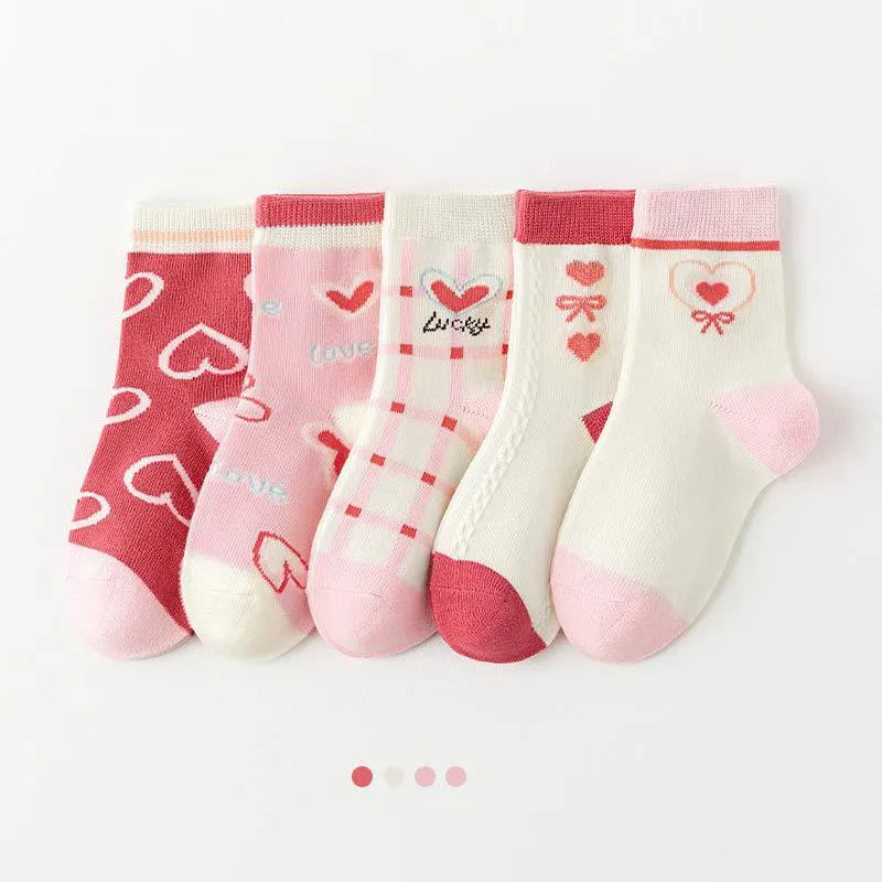 5 Pairs Pink And White Soft Warm Cotton Socks-MamaToddler-Hearts And Bow-1-2 Years-Mama Toddler