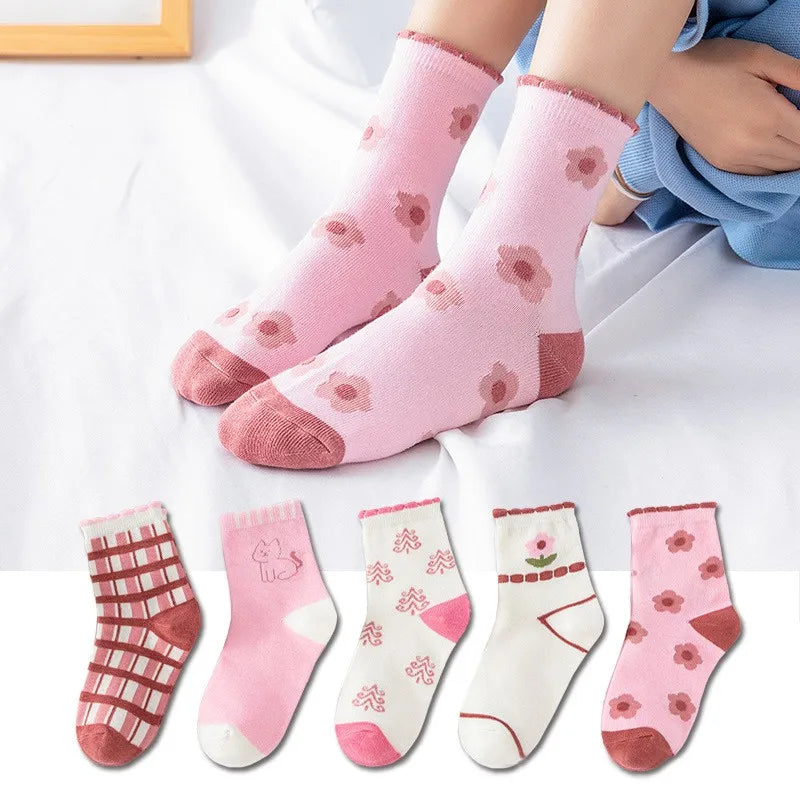 5 Pairs Pink And White Soft Warm Cotton Socks-MamaToddler-Pink Flowers-1-2 Years-Mama Toddler