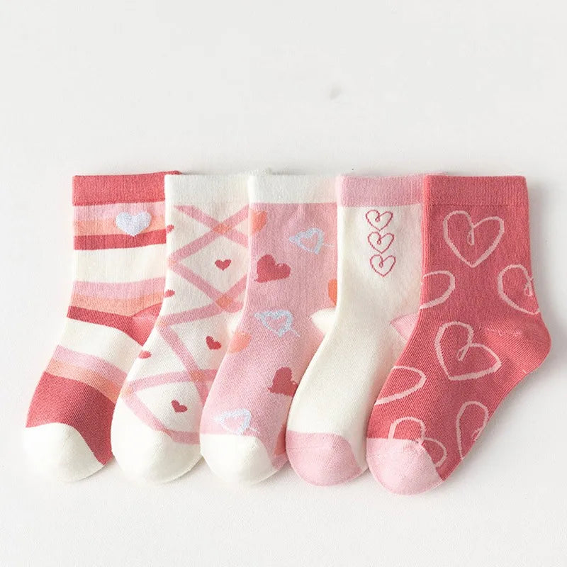 5 Pairs Pink And White Soft Warm Cotton Socks-MamaToddler-Pink Hearts-1-2 Years-Mama Toddler