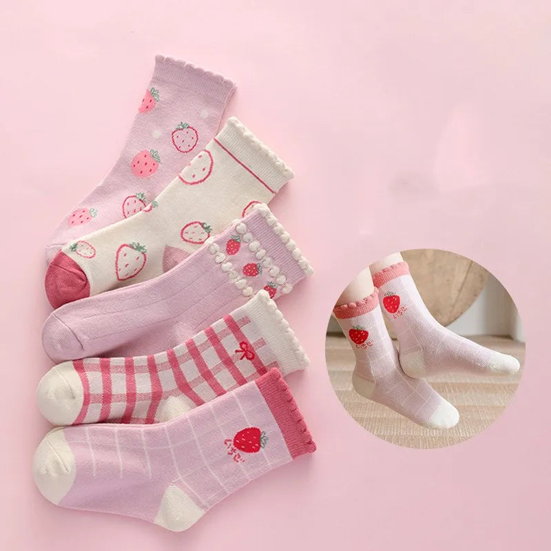 5 Pairs Pink And White Soft Warm Cotton Socks-MamaToddler-Strawberries-1-2 Years-Mama Toddler