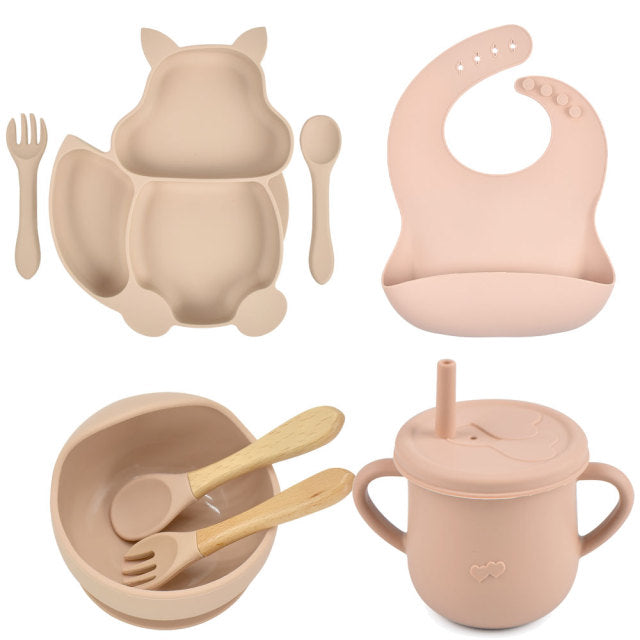 8 Pieces Feeding/Food Silicone Non-Slip Set for Babies-Mama Toddler-Brown-Mama Toddler