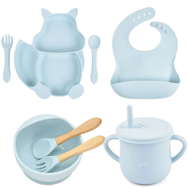 8 Pieces Feeding/Food Silicone Non-Slip Set for Babies-Mama Toddler-Light Blue-Mama Toddler