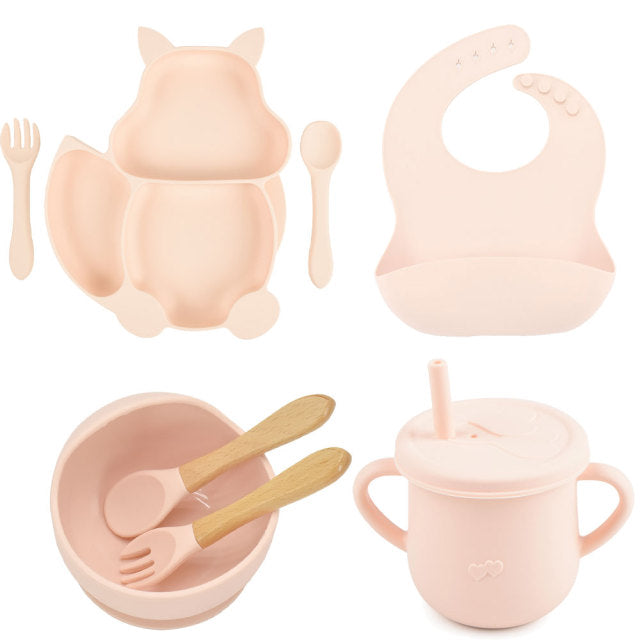 8 Pieces Feeding/Food Silicone Non-Slip Set for Babies-Mama Toddler-Light Brown Pink-Mama Toddler