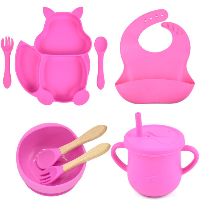 8 Pieces Feeding/Food Silicone Non-Slip Set for Babies-Mama Toddler-Pink-Mama Toddler