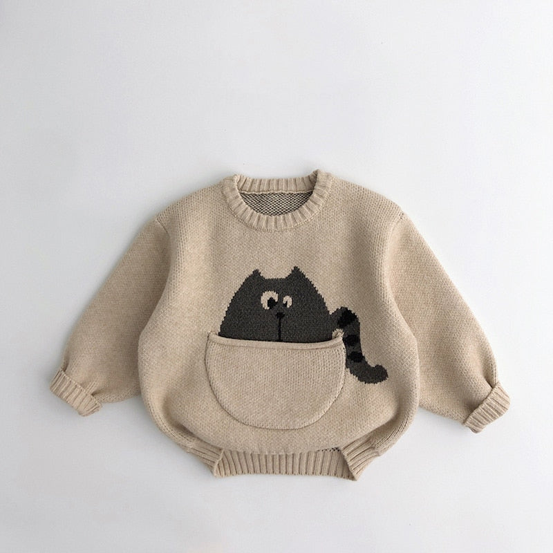 Cute Cartoon Kids Sweater-MamaToddler-Beige - Cat-12 Months-Mama Toddler