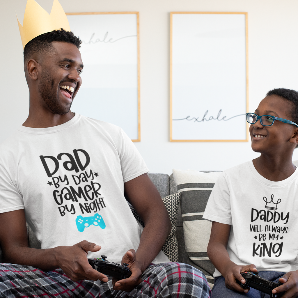 Dad By The Day Gamer By The Night T-Shirt-T-Shirt-Printify-Heather True Royal-XS-Mama Toddler