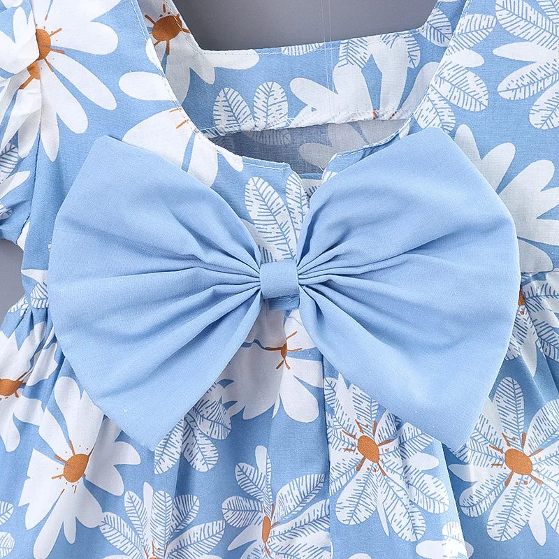 Daisy Bowknot Back Dress For Girls-MamaToddler-Blue-9-12 Months-Mama Toddler