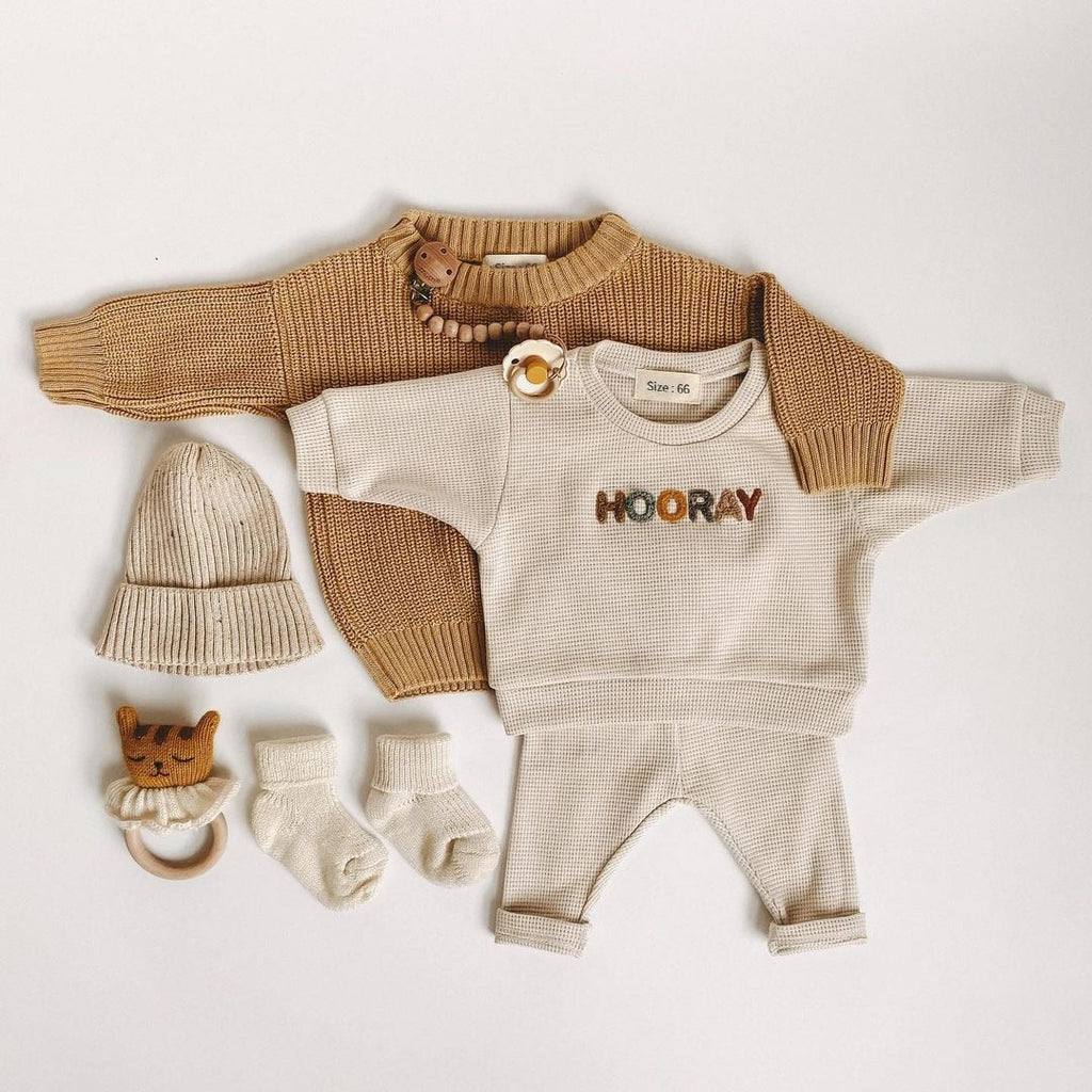 Happy Hooray Kids Sweatshirt and Pants-MamaToddler-Cream - Hooray-3-6 Months-Mama Toddler