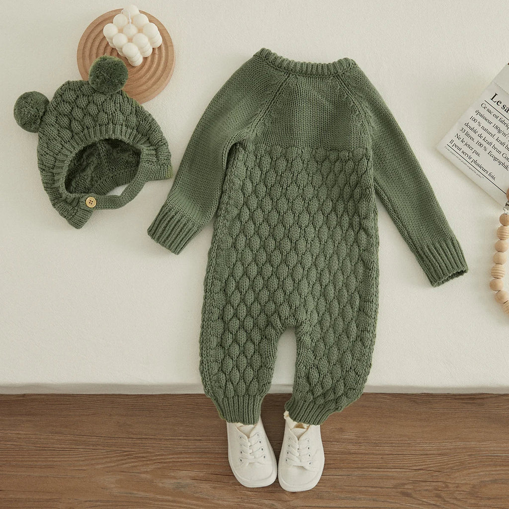 Infant Knitted Jumpsuit with Bear Hat-MamaToddler-Green-3 Months-Mama Toddler