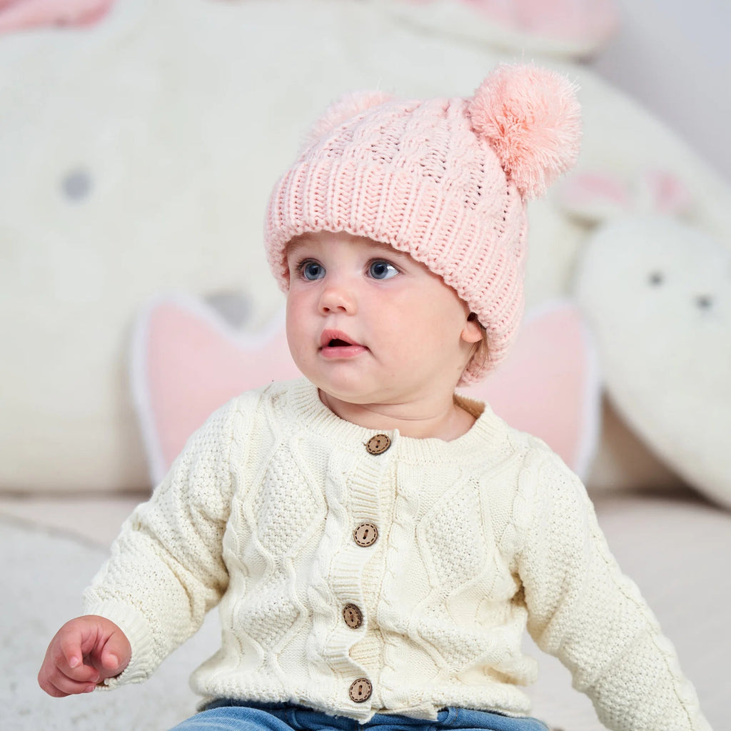 Knitted Beanie Bonnet With Pompoms-MamaToddler-Khaki-Mama Toddler