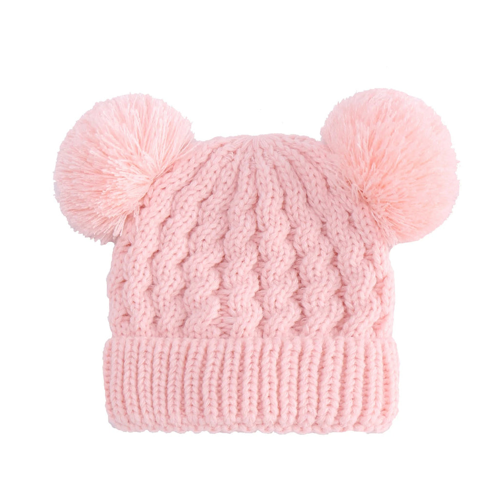 Knitted Beanie Bonnet With Pompoms-MamaToddler-Pink-Mama Toddler