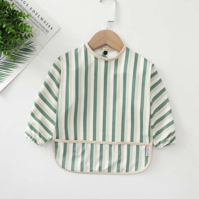 Long Sleeves Waterproof Baby Bibs with Bottom Pocket-Mama Toddler-Horizontal Striped-Small - For 6-12 Months-Mama Toddler