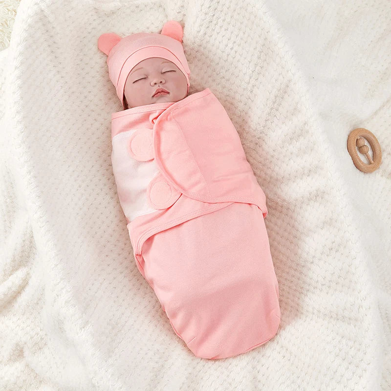 Newborn Cotton Baby Swaddle Wrap Adjustable Sleepsack Hat Set-MamaToddler-Pink-0-3 Months-Mama Toddler