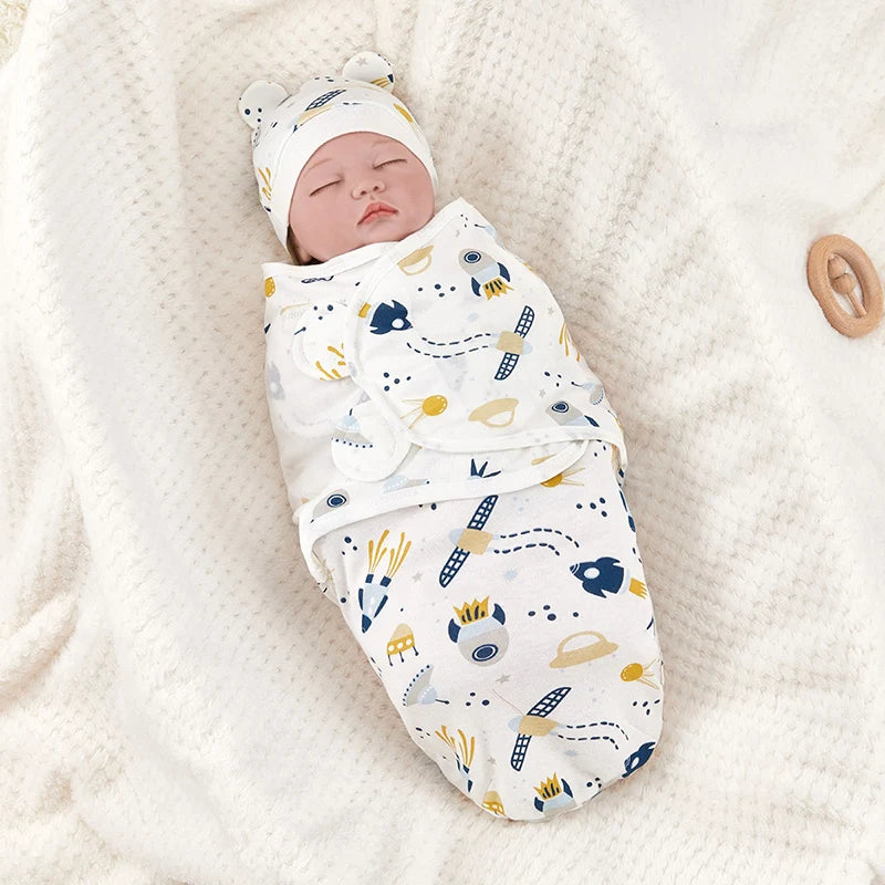 Newborn Cotton Baby Swaddle Wrap Adjustable Sleepsack Hat Set-MamaToddler-Spaceships-0-3 Months-Mama Toddler