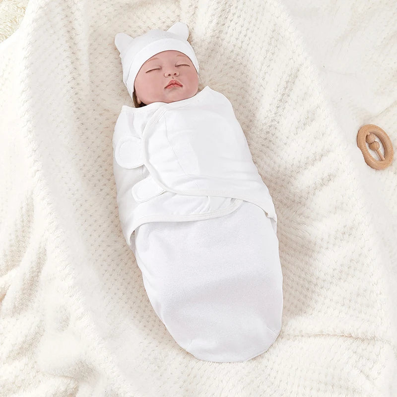 Newborn Cotton Baby Swaddle Wrap Adjustable Sleepsack Hat Set-MamaToddler-White-0-3 Months-Mama Toddler