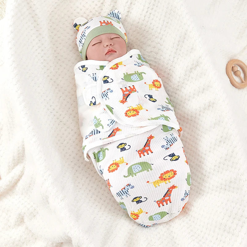 Newborn Cotton Baby Swaddle Wrap Adjustable Sleepsack Hat Set-MamaToddler-Zoo-0-3 Months-Mama Toddler