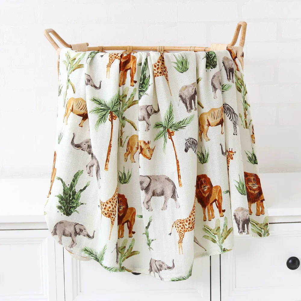 Printed Organic Bamboo Cotton Muslin Swaddle Wrap Blanket-MamaToddler-Animals-120x120 cm-Mama Toddler