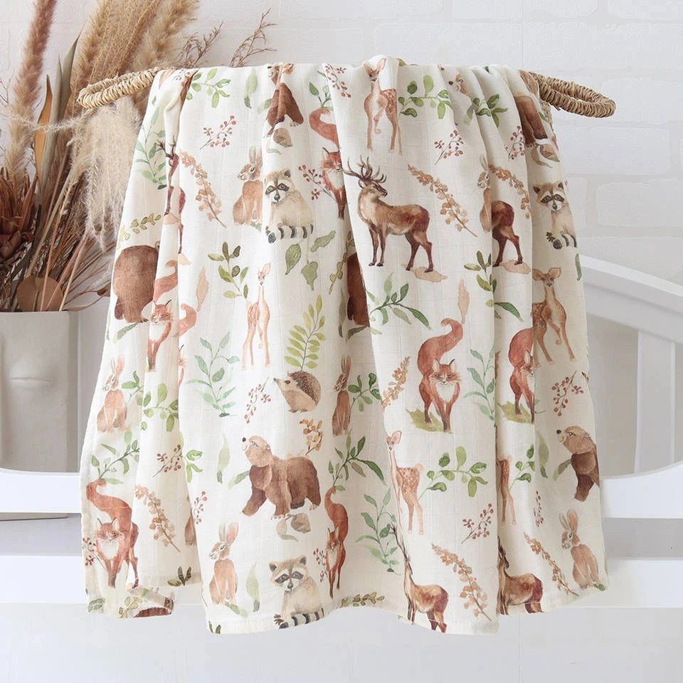 Printed Organic Bamboo Cotton Muslin Swaddle Wrap Blanket-MamaToddler-Animals-2-120x120 cm-Mama Toddler