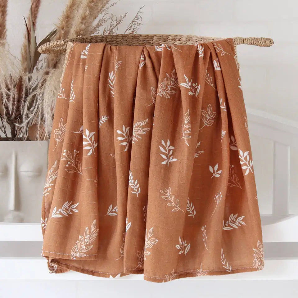 Printed Organic Bamboo Cotton Muslin Swaddle Wrap Blanket-MamaToddler-Brown Leaves-120x120 cm-Mama Toddler