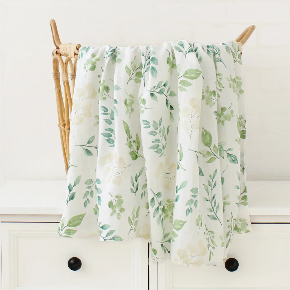 Printed Organic Bamboo Cotton Muslin Swaddle Wrap Blanket-MamaToddler-Green Leaves-120x120 cm-Mama Toddler