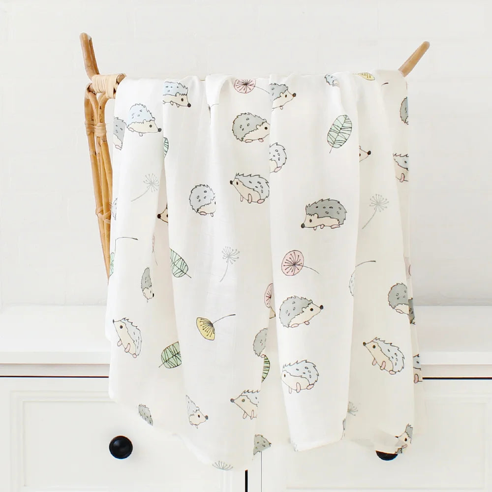 Printed Organic Bamboo Cotton Muslin Swaddle Wrap Blanket-MamaToddler-Hedgehog-120x120 cm-Mama Toddler