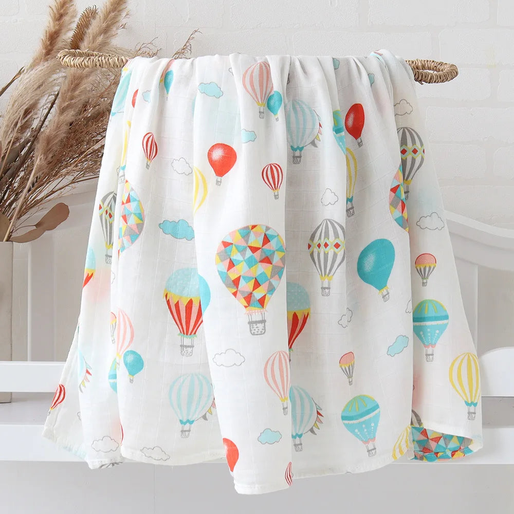 Printed Organic Bamboo Cotton Muslin Swaddle Wrap Blanket-MamaToddler-Hot Air Balloon-120x120 cm-Mama Toddler