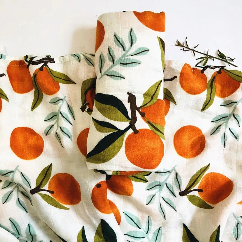 Printed Organic Bamboo Cotton Muslin Swaddle Wrap Blanket-MamaToddler-Oranges-120x120 cm-Mama Toddler