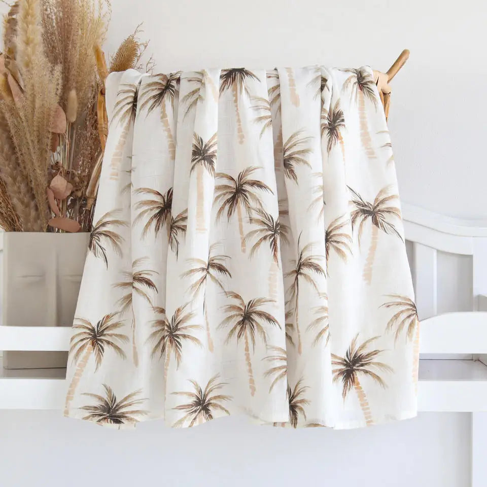 Printed Organic Bamboo Cotton Muslin Swaddle Wrap Blanket-MamaToddler-Palm Trees-120x120 cm-Mama Toddler