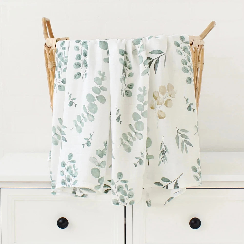 Printed Organic Bamboo Cotton Muslin Swaddle Wrap Blanket-MamaToddler-Pastel Leaves-120x120 cm-Mama Toddler