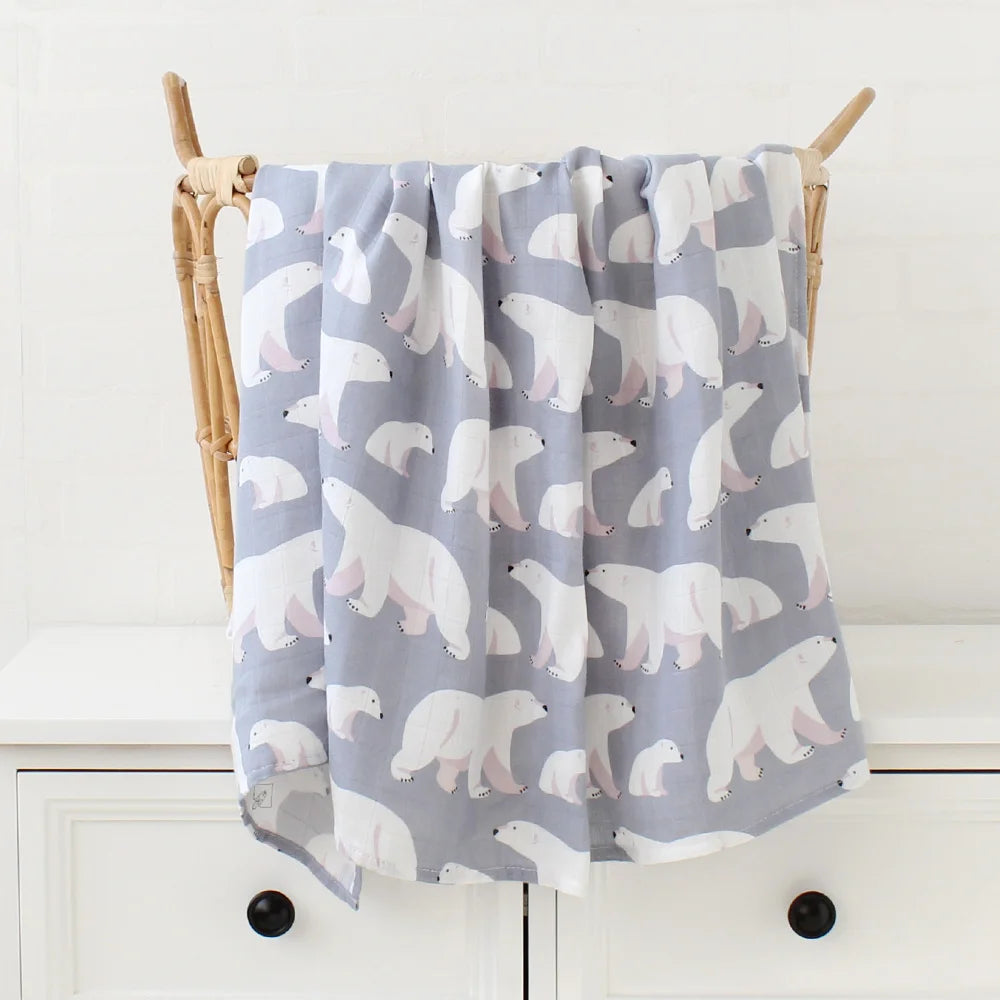 Printed Organic Bamboo Cotton Muslin Swaddle Wrap Blanket-MamaToddler-Polar Bear-120x120 cm-Mama Toddler