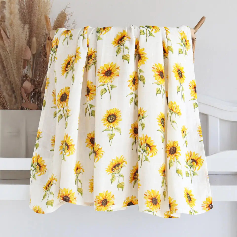 Printed Organic Bamboo Cotton Muslin Swaddle Wrap Blanket-MamaToddler-Sunflower-120x120 cm-Mama Toddler