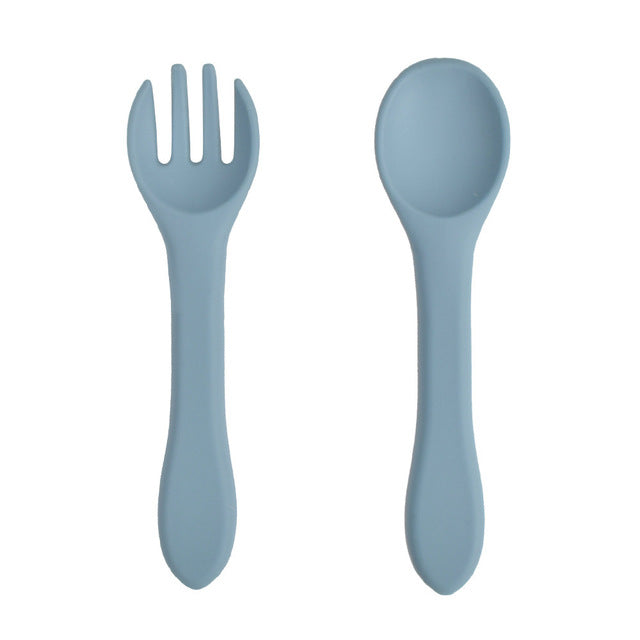 Soft Silicone Kids Feeding Fork Spoon - 2 Pieces Set-Mama Toddler-Blue-Mama Toddler