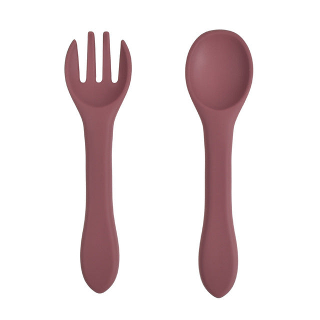 Soft Silicone Kids Feeding Fork Spoon - 2 Pieces Set-Mama Toddler-Brown Red-Mama Toddler