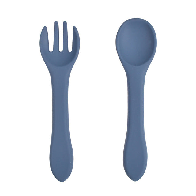 Soft Silicone Kids Feeding Fork Spoon - 2 Pieces Set-Mama Toddler-Dark Blue-Mama Toddler