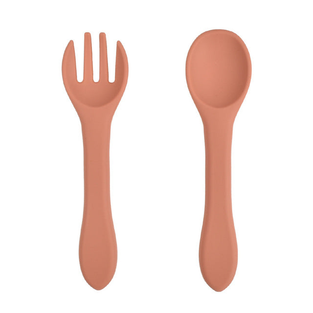 Soft Silicone Kids Feeding Fork Spoon - 2 Pieces Set-Mama Toddler-Dark Orange-Mama Toddler