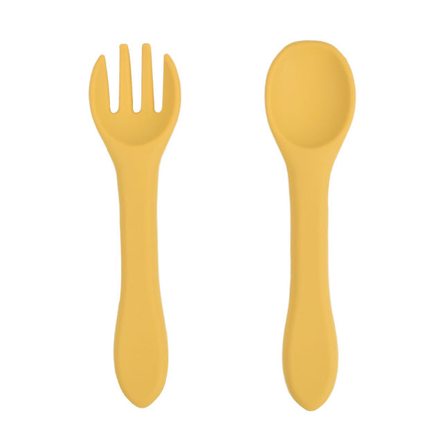 Soft Silicone Kids Feeding Fork Spoon - 2 Pieces Set-Mama Toddler-Dark Yellow-Mama Toddler