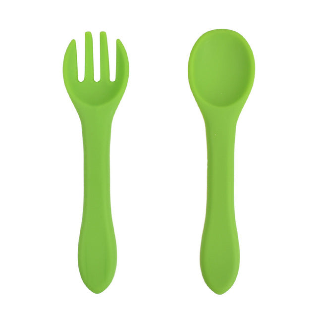 Soft Silicone Kids Feeding Fork Spoon - 2 Pieces Set-Mama Toddler-Green-Mama Toddler