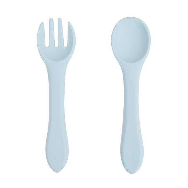 Soft Silicone Kids Feeding Fork Spoon - 2 Pieces Set-Mama Toddler-Light Blue-Mama Toddler