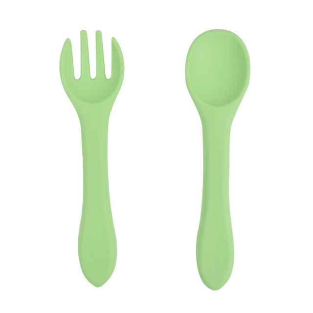 Soft Silicone Kids Feeding Fork Spoon - 2 Pieces Set-Mama Toddler-Light Green-Mama Toddler