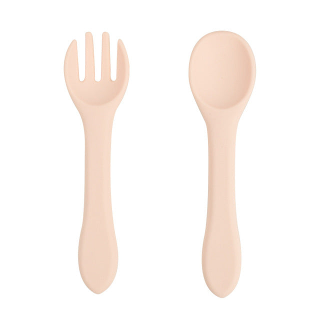 Soft Silicone Kids Feeding Fork Spoon - 2 Pieces Set-Mama Toddler-Light Pink-Mama Toddler