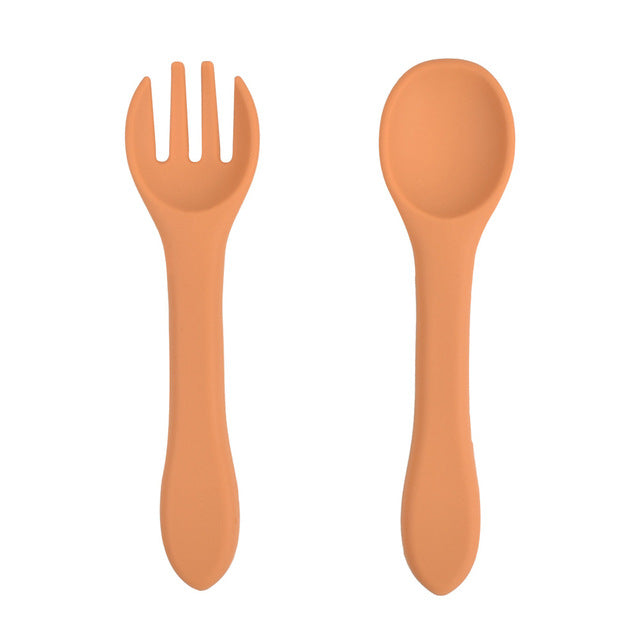 Soft Silicone Kids Feeding Fork Spoon - 2 Pieces Set-Mama Toddler-Orange-Mama Toddler