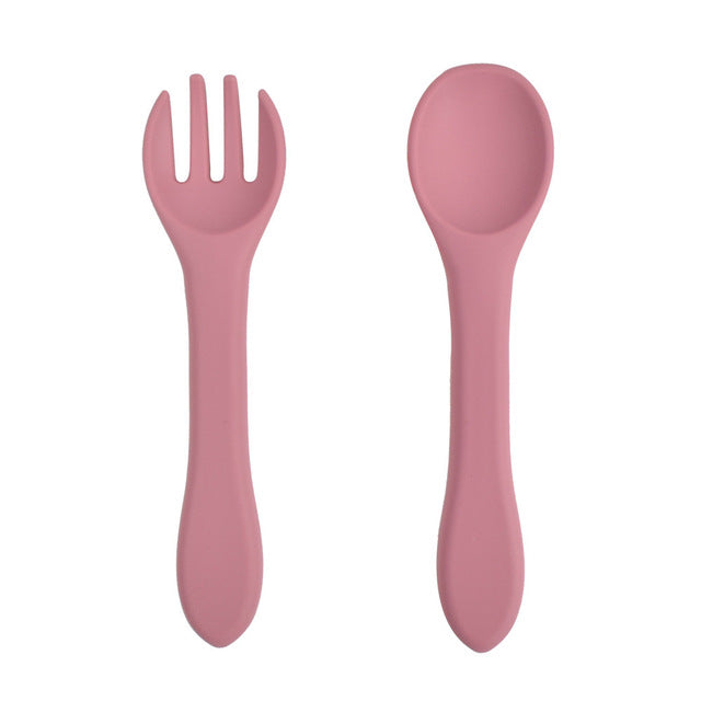 Soft Silicone Kids Feeding Fork Spoon - 2 Pieces Set-Mama Toddler-Pink-Mama Toddler