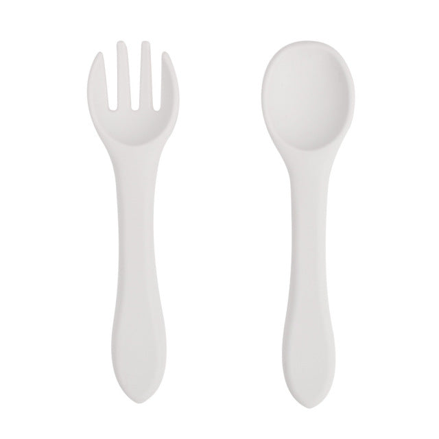 Soft Silicone Kids Feeding Fork Spoon - 2 Pieces Set-Mama Toddler-White-Mama Toddler